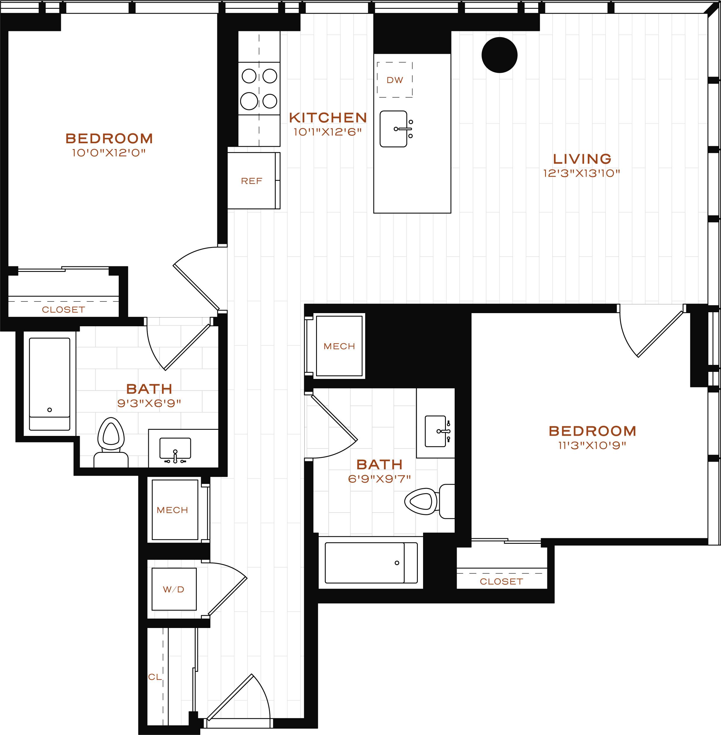 Rendering of the 2 Bed-2 Bath-T-1a Floor Plan